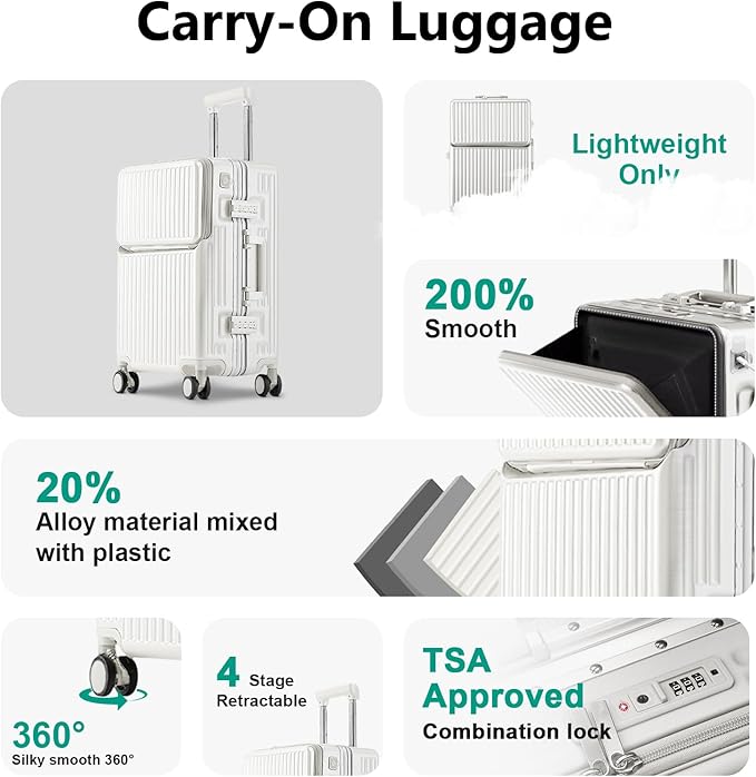 Hard Shell Luggage 20 Inch Travel Luggage, Carry-On Luggage Spinner TSA with Lid, PC+ABS Aluminum Frame，Lightweight Travel Luggage 20'' 24'' 26''Carry-On (upgraded white, 20 inch)
