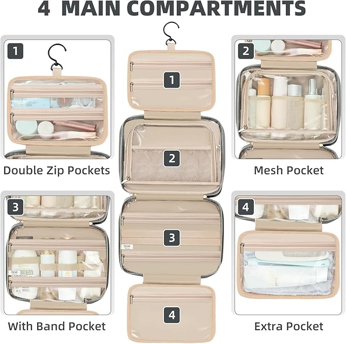 BAGAIL Hanging Toiletry Bag for Women Water-resistant Cosmetic Bag Large Capacity Travel Makeup Organizer for Full-Sized Travel Essentials(Standard, Grey)