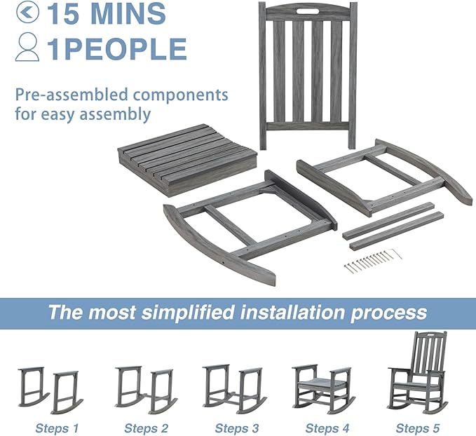 Psilvam Outdoor Rocking Chair Set of 2, Poly Lumber Oversized Rocking Chair with 21" Wide Seat and 32" Tall Backrest, Pre-Assembled with Most Components for Effortless Installation(Dark Gray)