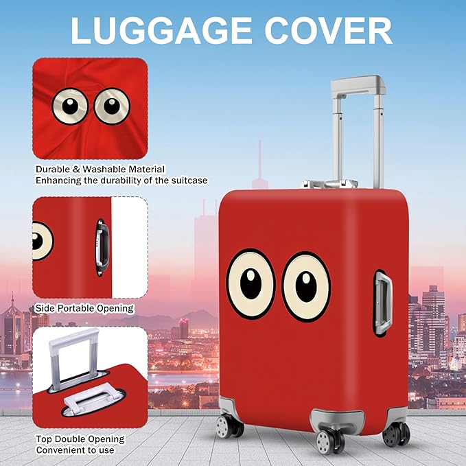 ANNA QUEEN Funny Cartoon Eyes Luggage Cover, Red Suitcase Protector with Cute Big Eyes Design, Travel Suitcase Cover for 28-30 Inch Luggage, Stretchable & Washable Spandex Travel Accessories