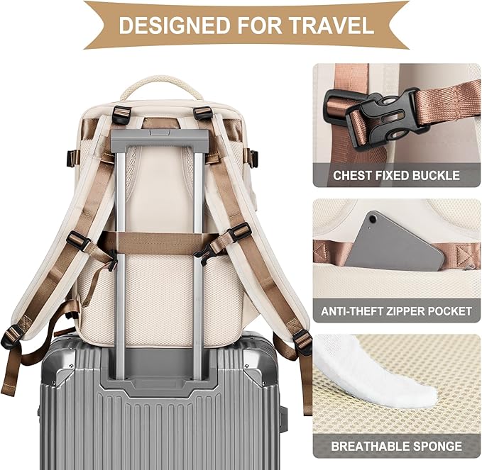 coowoz Large Travel Backpack For Women Men,Carry On Backpack Flight Approved,Hiking Outdoor Rucksack Casual Daypack Travel Bag Essentials Personal Item Backpack (Beige Brown-L)