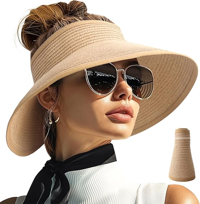 PFFY Sun Hats for Women Straw Beach Hat Packable Foldable Wide Brim Ponytail Travel Visor