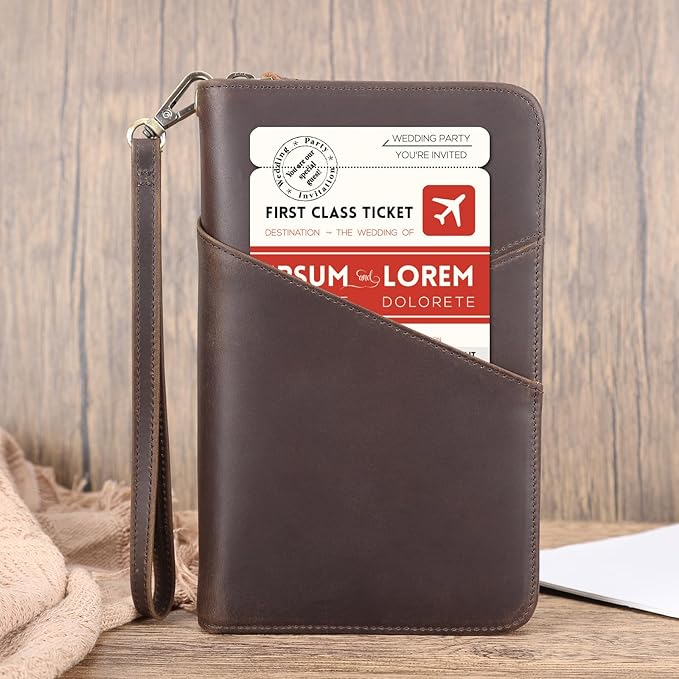 Polare Full Grain Leather Passport Holder With YKK Zipper RFID Blocking Travel Document Organizer Ticket Holder Cover Case Holds 2 Passports (Dark Brown with AirTag Slot)