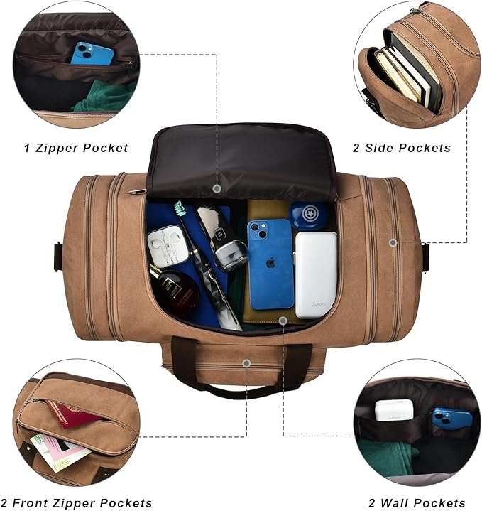 Litvyak Duffle Bag for Travel, 50L Canvas Travel Duffel Bags Overnight Weekend Gym Carry On Luggage Bag for Men & Women(Coffee+Toiletry Bag)