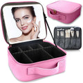 Makeup Bag with Led Mirror,Travel Makeup Organizer with 3 Color Setting, Portable Storage and Adjustable Dividers Travel Makeup Bag(Dark Pink)