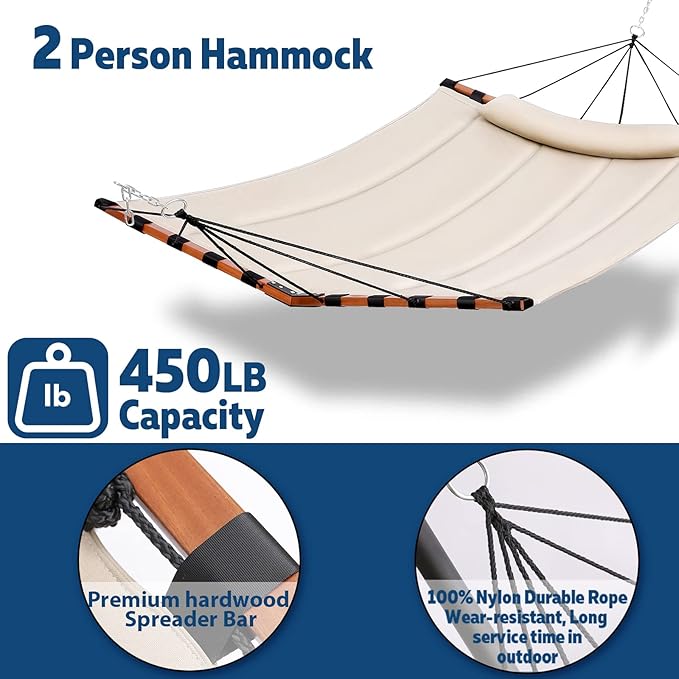 TegerDeger 12FT 2 Person Hammock Large Hammock 450LB Capacity with V Shaped Hardwood Spreader Bar & Nylon Rope for Outside, Patio, Garden, Backyard, Beach, Poolside - Beige