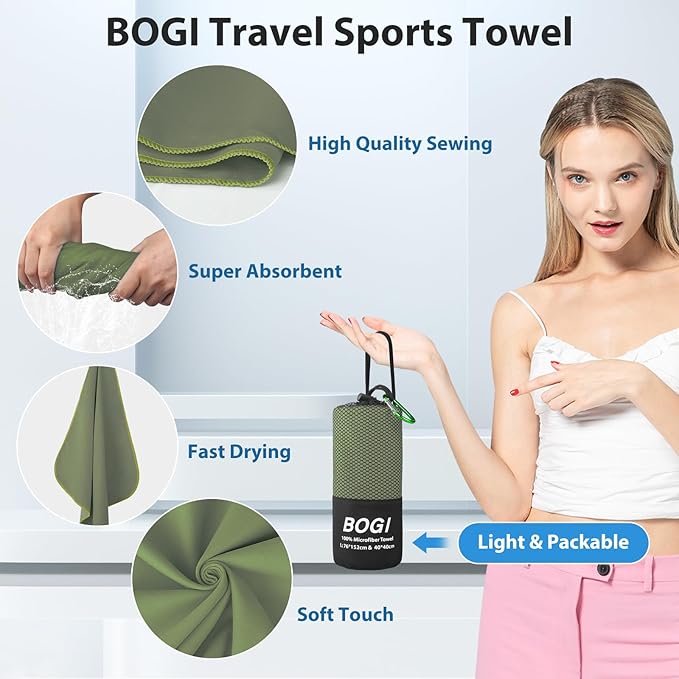 BOGI Microfiber Travel Sports Towel-Quick Dry Travel Towel,Soft Lightweight Absorbent Compact Sports Towel for Camping Gym Beach Bath Yoga Swimming Backpacking (S:16''x32'',2Pcs-AGreen)