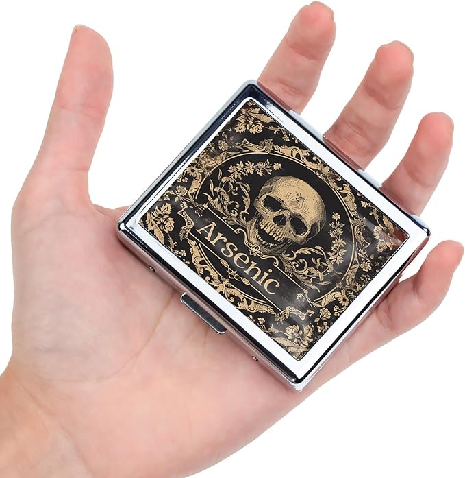 Cute and Stylish Metal Pill Box - Compact Portable Pill Organizer with 8 Compartments, Food-Grade Divider, Ideal for Travel, Vitamins, Jewelry, Cosmetics (Arsenic Skull)