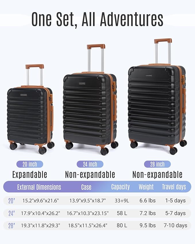 LIGHT FLIGHT Luggage Sets, 3 Piece Durable Suitcase Set with Spinner Wheels, 3 Pcs Hardside Lightweight luggage with TSA Lock, Large Checked Travel Suitcases, 20/24/28 Inch,Black/Brown
