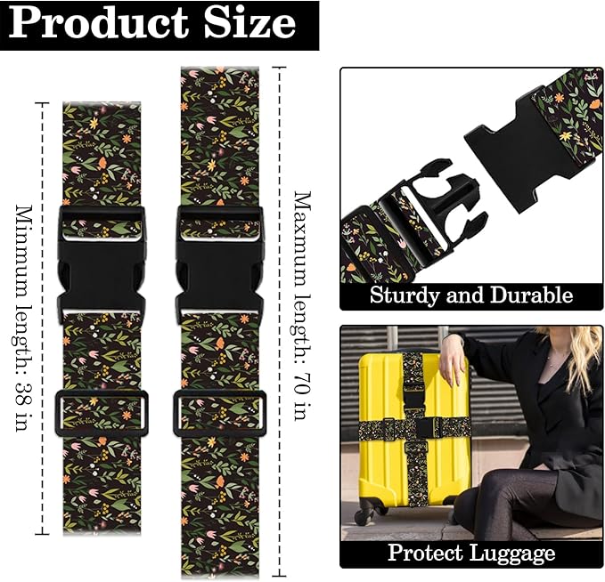 Wildflower Luggage Straps for Suitcases TSA Approved, Luggage Identifiers for Suitcase, Adjustable Suitcase Strap for Baggage Security with Cute Patten, Travel Necessary Accessories