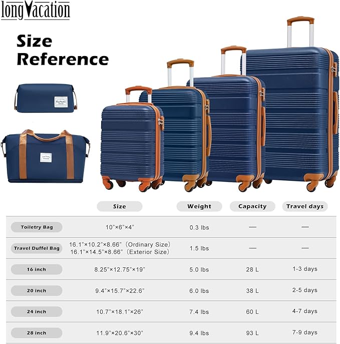 LONG VACATION 6 Piece ABS+PC Hardshell Luggage Set with Spinner Wheels, Lightweight suitcase set with TSA Lock & YKK Zipper