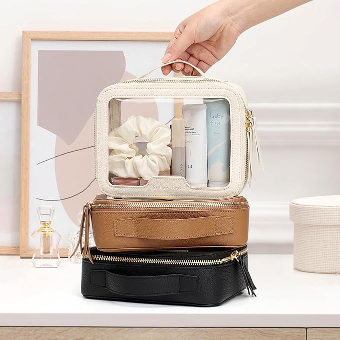 PACKISM Medium Clear Makeup Bag - PU Leather Clear Travel Bags for Toiletries Car Bag for Essentials, with Message Card Cosmetic Bags Makeup Case for Women Gift (Cream Medium)