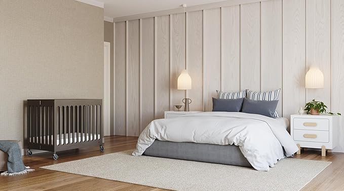 Foundations Boutique Folding Mini Baby Crib - Compact, Portable, Wooden Hotel Crib, Foldable Mini Crib for Baby & Toddlers - Includes 3" Foam Mattress, Dapper Gray