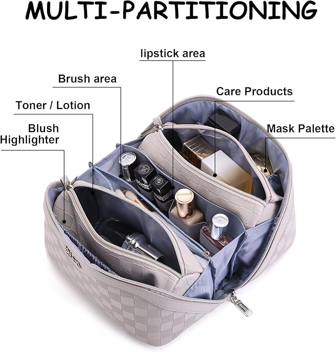 Travel Makeup Bag Organizer Cosmetic Bag: 3 Pcs Set Make up Bags for Women with Handle - Waterproof Vegan Leather Toiletry Bags with Comparments (C-13-Gray)