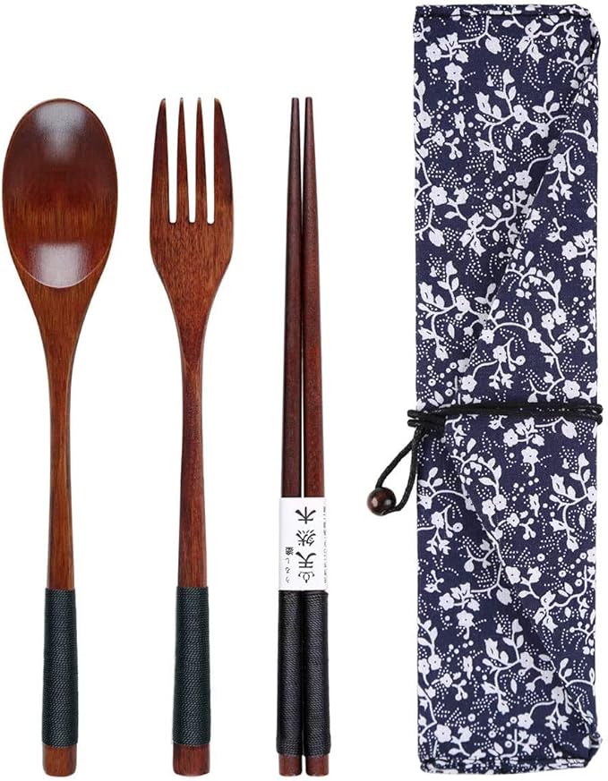 Wooden Chopsticks Spoon Fork Set Japanese Style Tableware Travel Utensils with Pouch for Camping,Picnic,Office or Home (Style A)