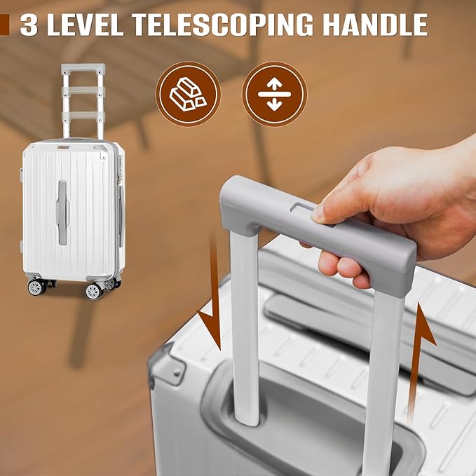 Romswi Suitcase Set with TSA Lock Cup Holder, Hardside Spinner Suitcase with Duffel Bag, Lightweight Durable PC+ABS White 5 PCS(20/24/28inch)
