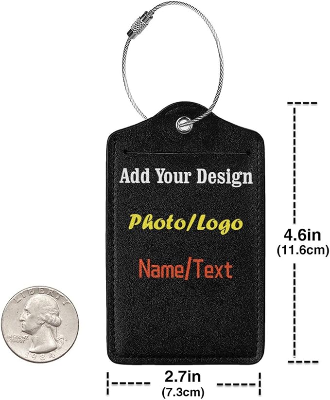 2 Pack Personalized Luggage Tags for Suitcases Travel with Photo Name Logo, Custom Leather Bag Tag for Women Girls Couples, Privacy Cover with Stainless Steel Loop Name Id Card Labels