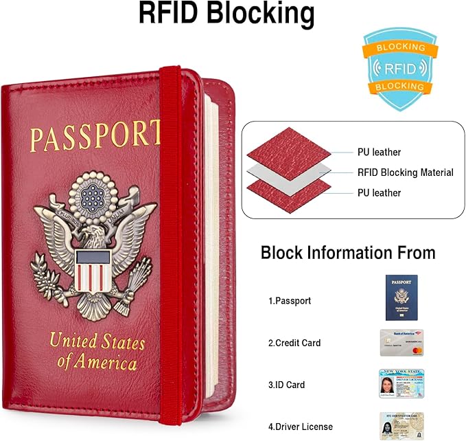 Passport Holder for Travel Passport Cover for Men Passport Wallet Case with Metal 3D Metal Badge Protector Leather Card Case RFID Blocking Women Travel Accessories Document Organizer (Red)
