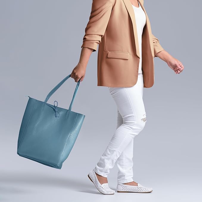 Italian Calf Leather Tote for Women with Zipper, Inner Pocket & Flat Base | Soft Unlined Shopper for Work & Travel