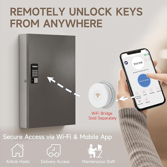 WeHere 192 Key Lock Box Wall Mount, APP Bluetooth/OTP/Wi-Fi/Fixed Code/Key Unlock, Smart Key Cabinet with Key Tag, Key Organizer Holder Box, Key Management Directory for Office, Valet, Realtor, Hotel