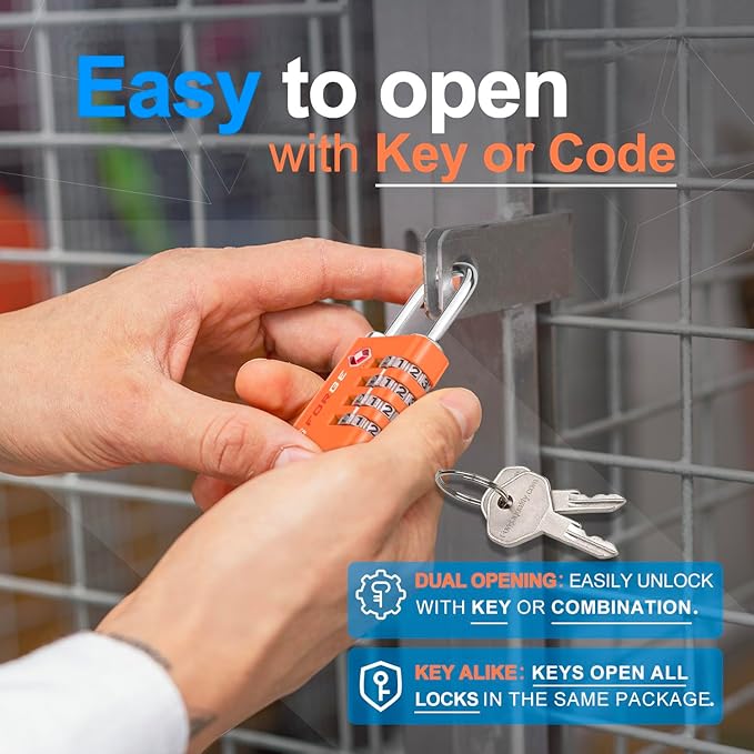 Forge Dual-Opening: Key or Combination Access Lock, TSA Approved Locks for Luggage, Pelican case, Travel, Gym, School, Stainless Steel Shackle.(Orange, 2 Pk)