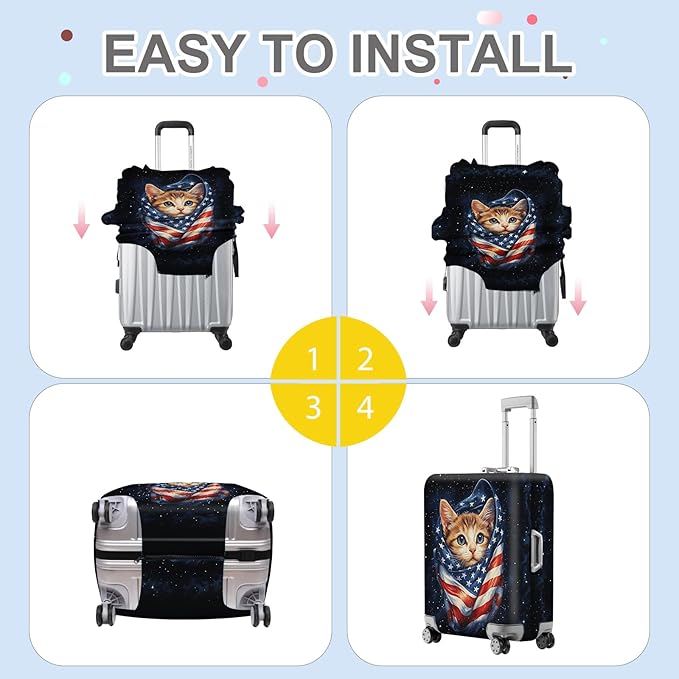 ANNA QUEEN Cute Patriotic Cat Luggage Cover, American Flag Suitcase Protector, Stretchable, Washable Travel Cover for 32-34 Inch Luggage