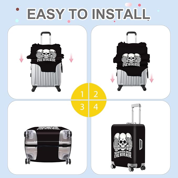 ANNA QUEEN Gothic Skull Luggage Cover, “See No Evil, Hear No Evil, Speak No Evil” Skeleton Design, Stretchable, Washable Suitcase Protector for 24-26 Inch Travel Suitcases