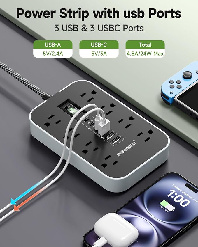 Power Strip Surge Protector- 5FT Flat Plug Extension Cord, 8 AC Outlet& 6 USB Ports(3 USB C), 1080 J Surge Protection, Desk Charging Station, Overload Switch, Home, Office, Gaming Room Essentials.