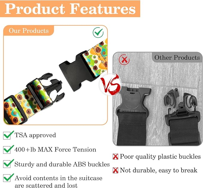 Luggage Straps for Suitcases TSA Approved, Luggage Identifiers for Suitcase, Adjustable Suitcase Strap for Baggage Security with Cute Patten, Travel Necessary Accessories (Rainbow Flower)