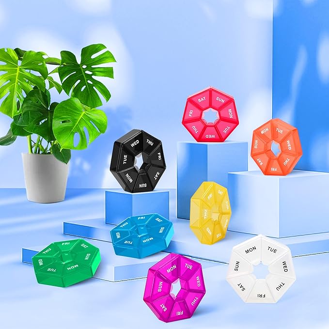 Ponpon 8pcs Pill Holder Box 7-Sided Portable Vitamin Holder Box Pill Organizer Medicine Planner (8 Corlor)