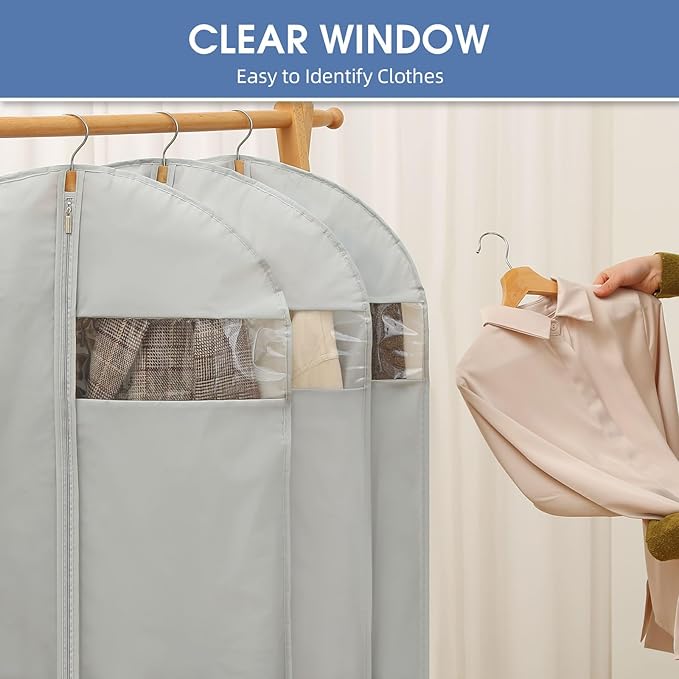 43" Garment Bags for Hanging Clothes, Suit Bags for Closet Storage and Travel, Grey Suit Cover Bags with Clear Window for Coats, Jackets, Shirts (5 Packs)