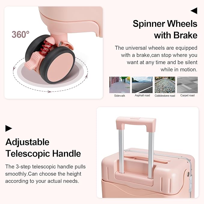Ride On Luggage with Foldable Seat for Kids&Adults with Seat Belt,Hardshell Ride On Suitcase with Front Pocket,Lockable 4-Spinner Wheels,USB Port,TSA Lock,20 inch,Pink