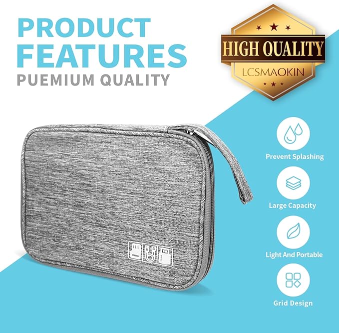 Electronics Organizer Travel Case,Electronic Accessories Storage Bag,Portable Waterproof Cable Organizer Bag,with 5 Cable Ties，for Travel,Work-Grey