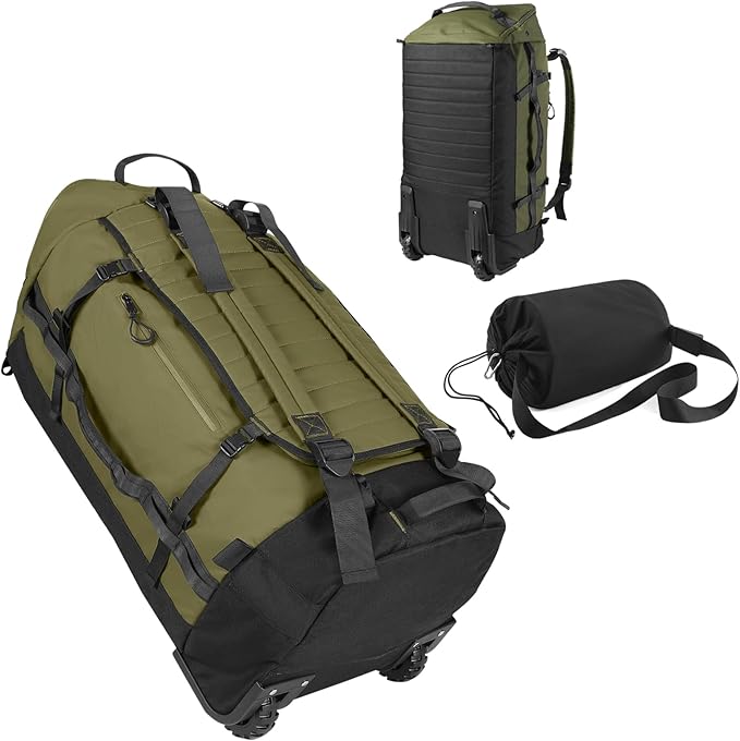 85L 29“ Foldable Rolling Backpack with Wheels, Soft-Side Travel Duffle Bag with Separate Shoe Compartment, Full Quilted Bottom, Army Green