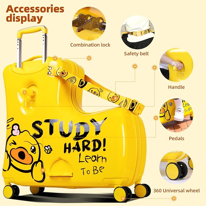 Kids' Lightweight Ride on Luggage with Spinner Wheels & Foldabe Design (Yellow Study, 24"+ Aged 3-12 Toddler)