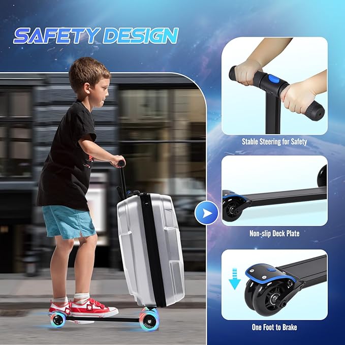 Scooter Suitcase for Kids & Adults, Foldable Carry On Travel Luggage, Hardside Ride on Scooter Suitcase with LED Light up Wheels，Silver
