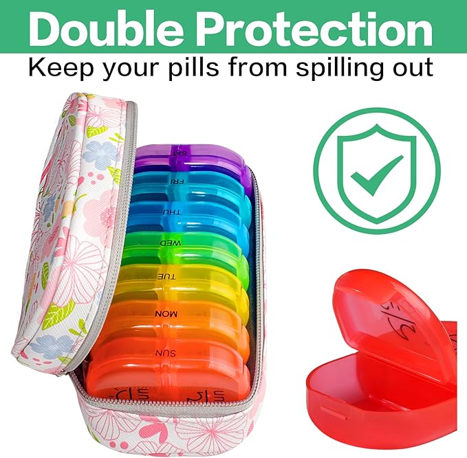 Serfeymi Weekly Travel Pill Organizer 2 Times A Day AM PM Upgraded Rainbow Pill Box 7 Day with Portable Zipper PU Leather Pill Case, Medicine Organizer for Pills, Vitamins, Fish Oils - Floral 01