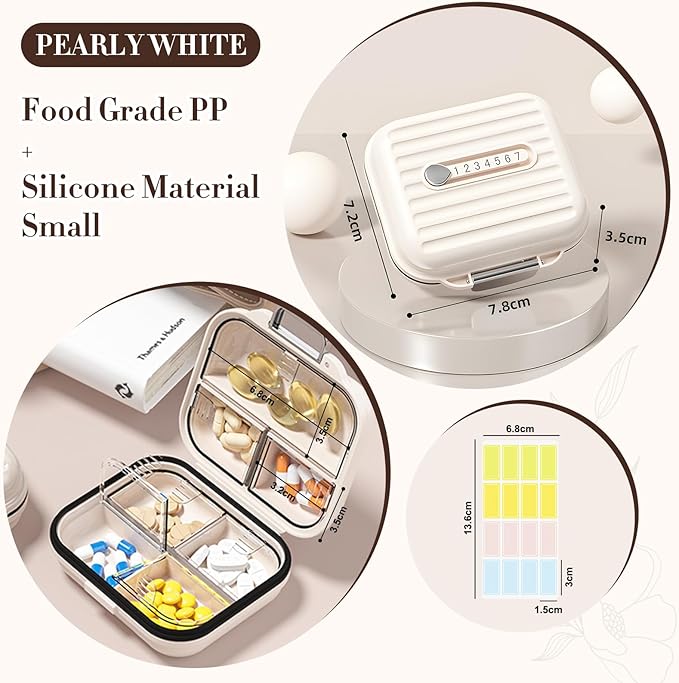 Travel Pill Organizer Box with Labels, 7 Compartments Portable Mini Pill Case, Daily Medication Organizer Storage Pill Container for Pocket Pharmacy(Pearly White, S)
