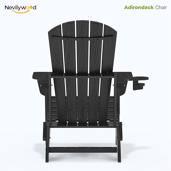 Folding Adirondack Chair - Extended Ergonomic Backrest, Cup Holder - Easy Assembly - Durable HDPE Plastic, Weather Resistant & Maintenance-Free - Lawn, Patio, Deck Supports 380lbs Black