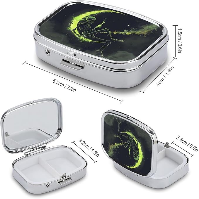 Metal 2 Compartment Pill Organizer Travel Friendly Portable Compact Pill Box Cute Pill Case to Hold Vitamins,Fish Oil,Supplements,Meds,Tablet for Purse,Pocket. (The Skeleton on The Moon)