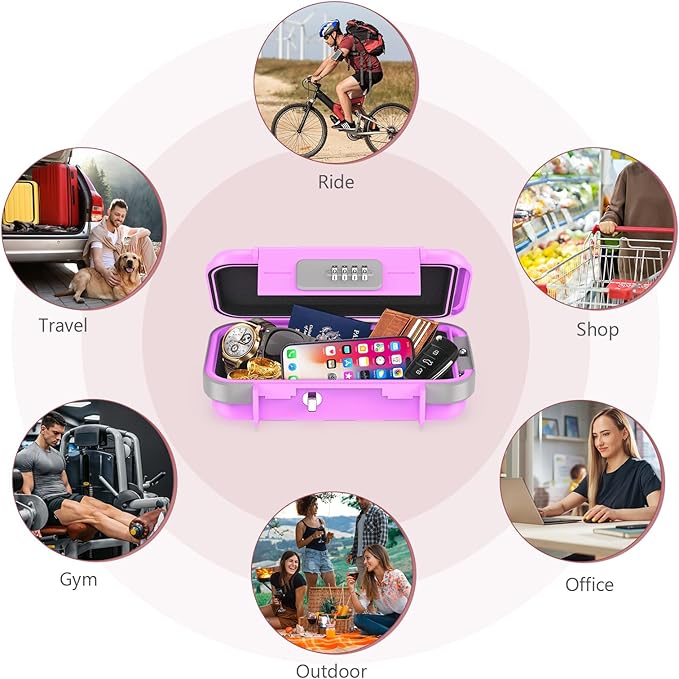 LOFICOPER Portable Safe Box, Travel Safe Lock Box, Waterproof Beach Lock Box, Personal Security Case, with Combination Code, Detachable Steel Rope, for Travel, Beach, Hotel, Home, Office, Pink