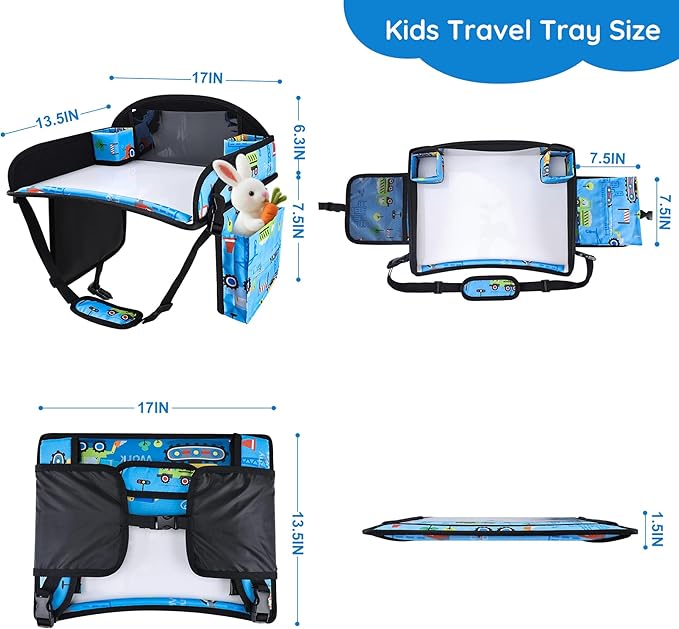 Kids Travel Tray, Kids Travel Trays for Car Seat, Road Trip Essentials for Toddler, Carseat Lap Tray with Dry Erase Board & Storage Organizer for Road Trip Activities for Kid, Light Blue