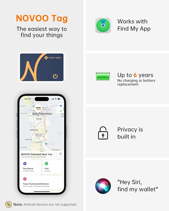NOVOO SmartCard Air Locator Tag, iOS Only Bluetooth Tracker with Apple Find My, Slim Wallet Finder for iPhone, 6-Year Battery, Waterproof GPS Key Finder for Bags, Passport, 1 Pack (BL)