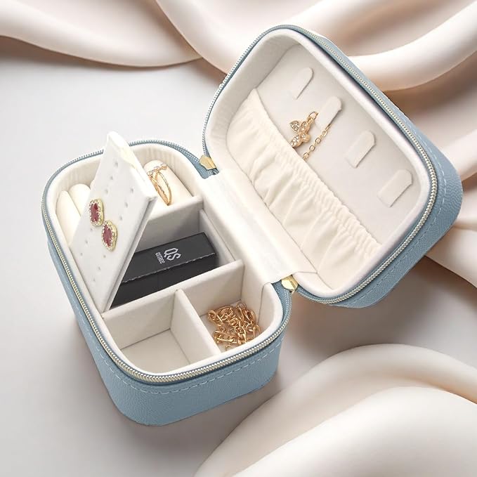 Small Jewelry Travel Case For Womens Small Rectangle PU Leather Jewelry Box With Zipper 2.56" H Portable Travel Jewelry Case For Earring Rings Necklaces Bracelets Blue Jewelry Gifts Box
