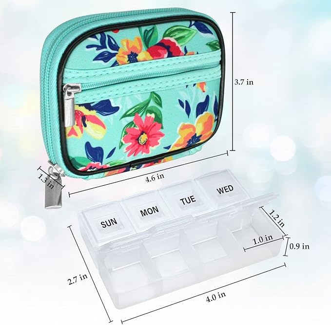 Serfeymi Weekly Travel Pill Organizer Pill Case for Purse with Removable 7 Day Pill Box, Fashionable Travel Medicine Organizer Pill Container for Medicine, Vitamin, Supplement - Black 01 + Green 01