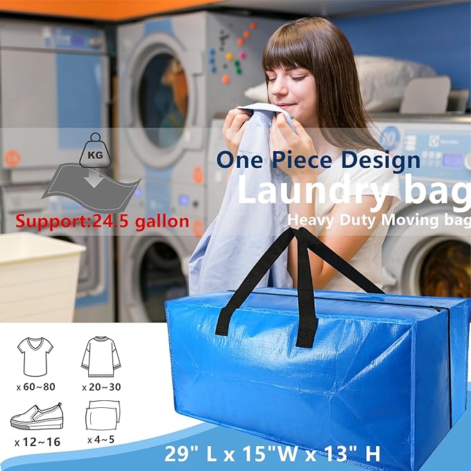 6 Pack Heavy Duty Extra Large Moving Bags Storage Tote - Strong Handles& Backpack Straps - Space Saving Storage Bags Alternative to Moving Boxes and Bins,Compatible with Ikea Frakta Cart, Blue