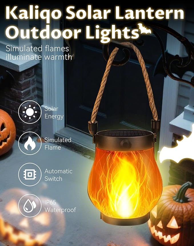 Kaliqo Solar Lantern Outdoor Lights - Official, Waterproof Kaliqo Solar Flame Lights Hangable with Dancing Flame, Hemp Rope Hanging Flame Lanterns,Dual Charging Modes, Smokeless (2pcs)