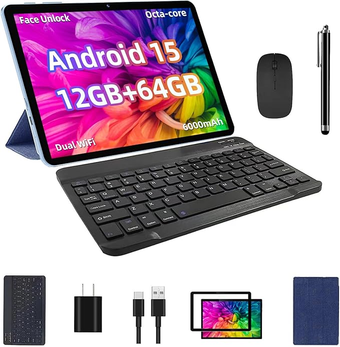 2025 Android 15 Tablet, 12GB+64GB+1TB Expand, 10 Tablet Productivity Bundle with Keyboard Case, Stylus Pen, Octa-core CPU, Dual Camera, WiFi6, 6000mAh Battery+18W Fast Charge, Support Face Unlock