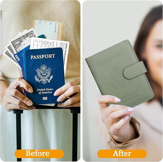 TIGARI Passport Holder for Travel Women Men, PU Leather Waterproof RFID Passport Holder Wallet Cover Case Sleeve, Family Vacation Plane Cruise Travel Document Organizer Essentials-Green