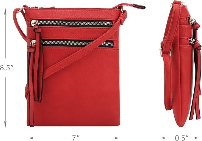 DELUXITY | Red Crossbody Bag | Women's Fashion Multi-Pocket Double Zipper Purse | Adjustable Strap | Medium Size | Perfect for Christmas